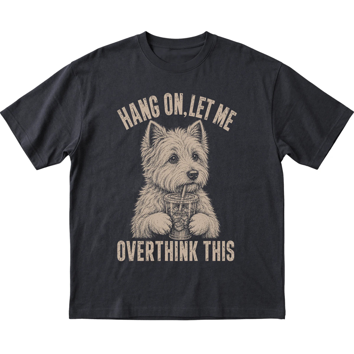 Black T-shirt featuring Overthinking Westie, laid-flat presentation