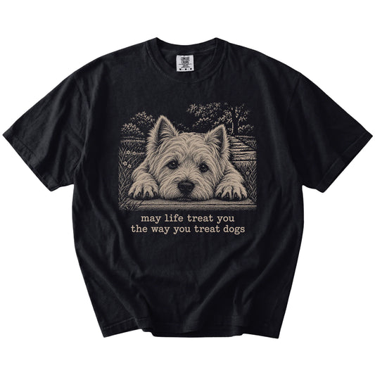 Westie Karma Comfort Colors T-shirt in Black — Flat Lay