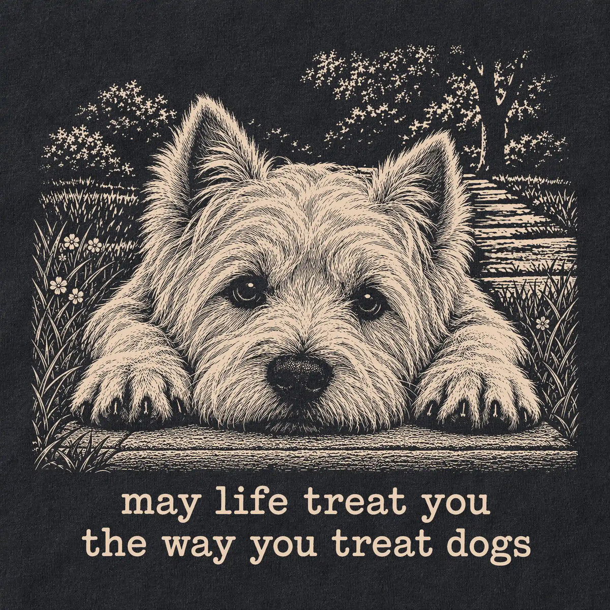Westie Karma Softstyle T-shirt in Black — Design Detail