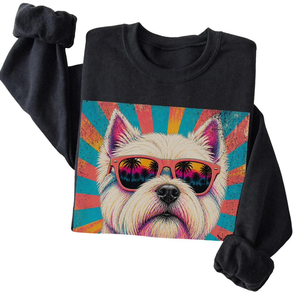 Folded Black crewneck sweatshirt with a Retro Westie Mama design
