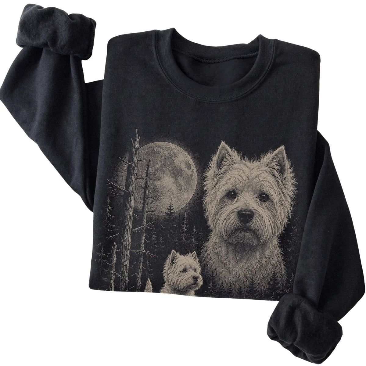 Folded black crewneck sweatshirt showing the Westie Moonlit Forest graphic