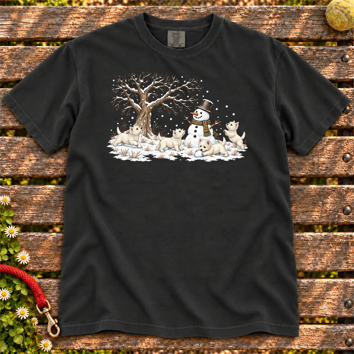 Westie puppies playing in snow with a snowman on a Black T-shirt