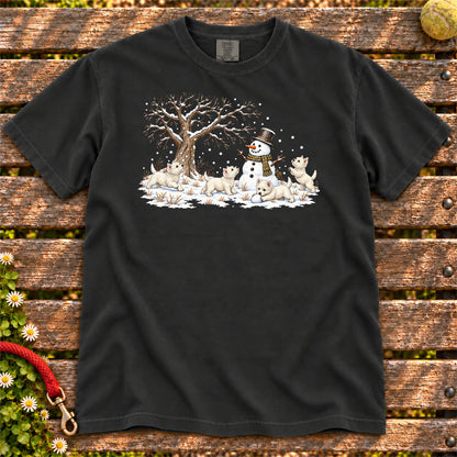 Westie puppies playing in snow with a snowman on a Black T-shirt
