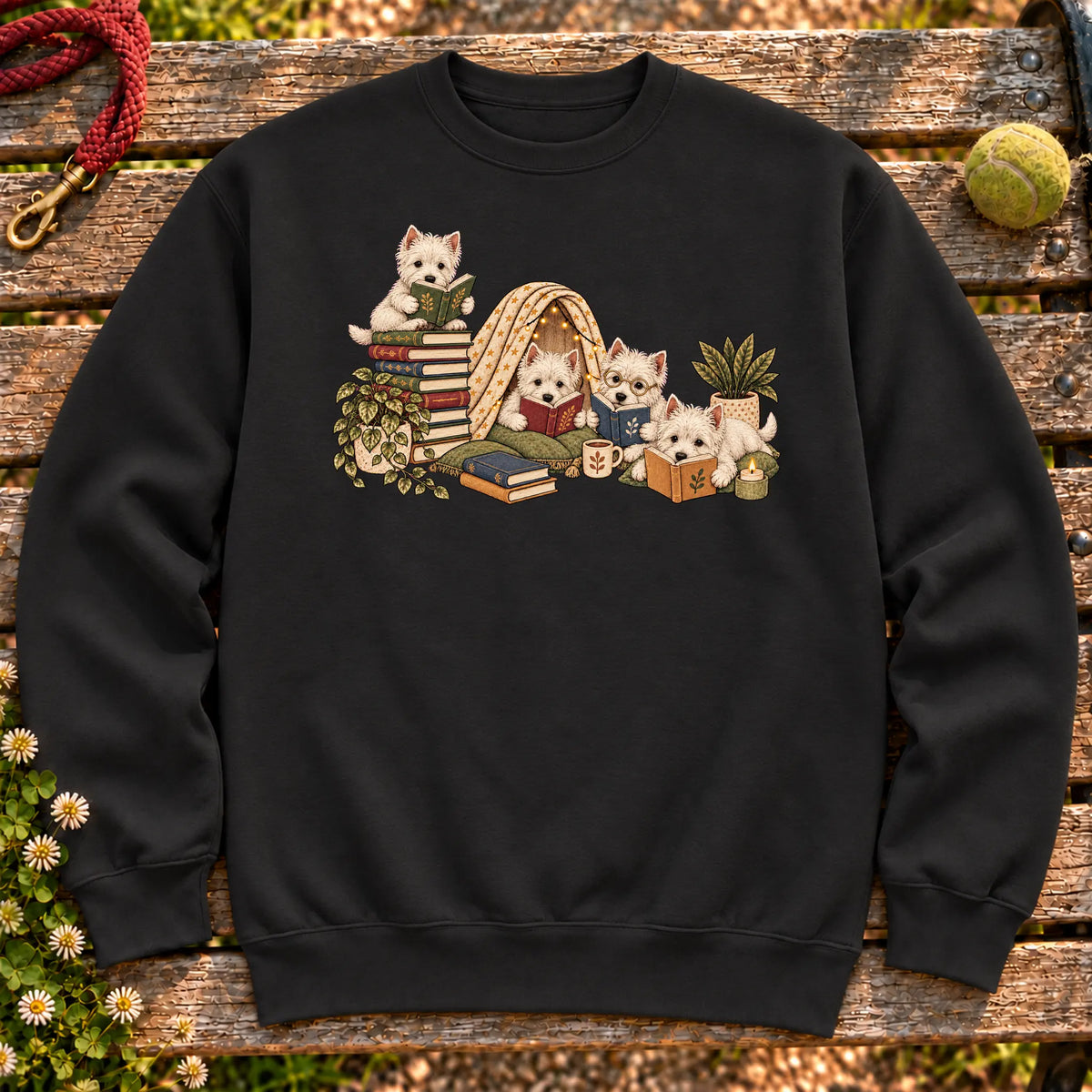 Westie puppies reading books in a cozy blanket fort on a Black sweatshirt