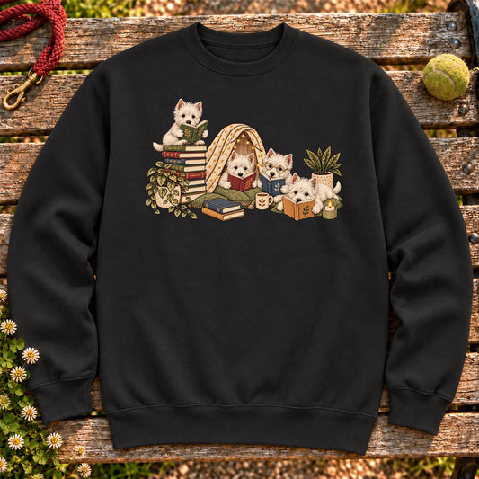 Westie puppies reading books in a cozy blanket fort on a Black sweatshirt