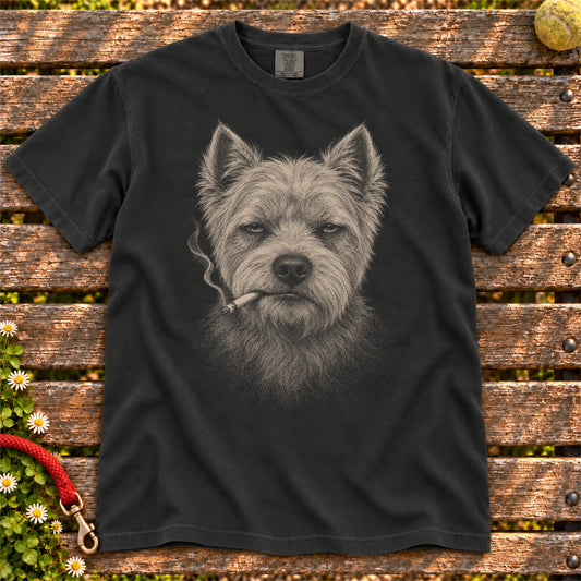 Westie smoking design on a Black t-shirt