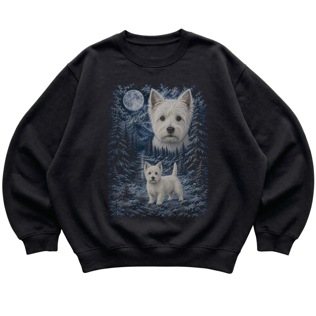 black sweatshirt with Westie Winter Moon artwork.