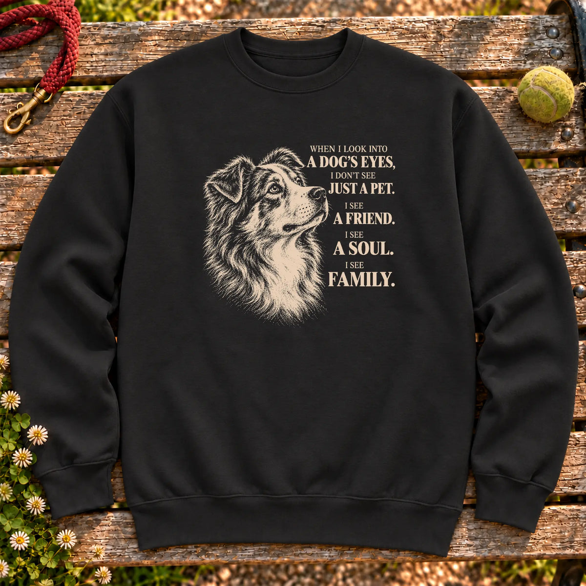 Black Gildan® crewneck sweatshirt featuring the Australian Shepherd More Than a Pet design.