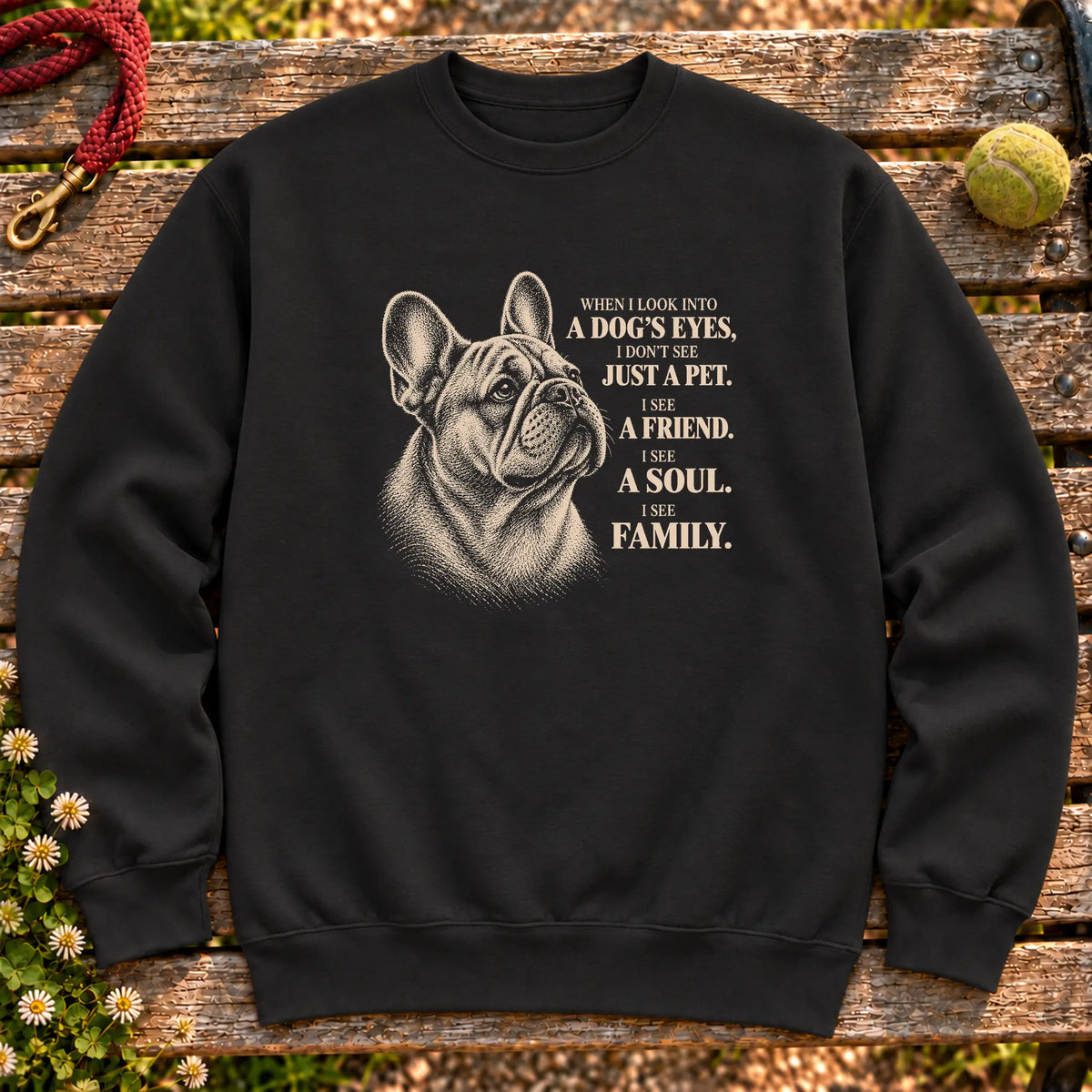 Black Gildan® crewneck sweatshirt featuring the French Bulldog More Than a Pet design.