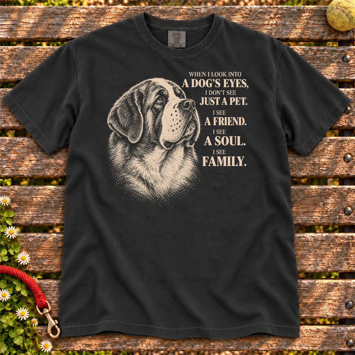 Black Comfort Colors® T-shirt featuring the Saint Bernard More Than a Pet design.