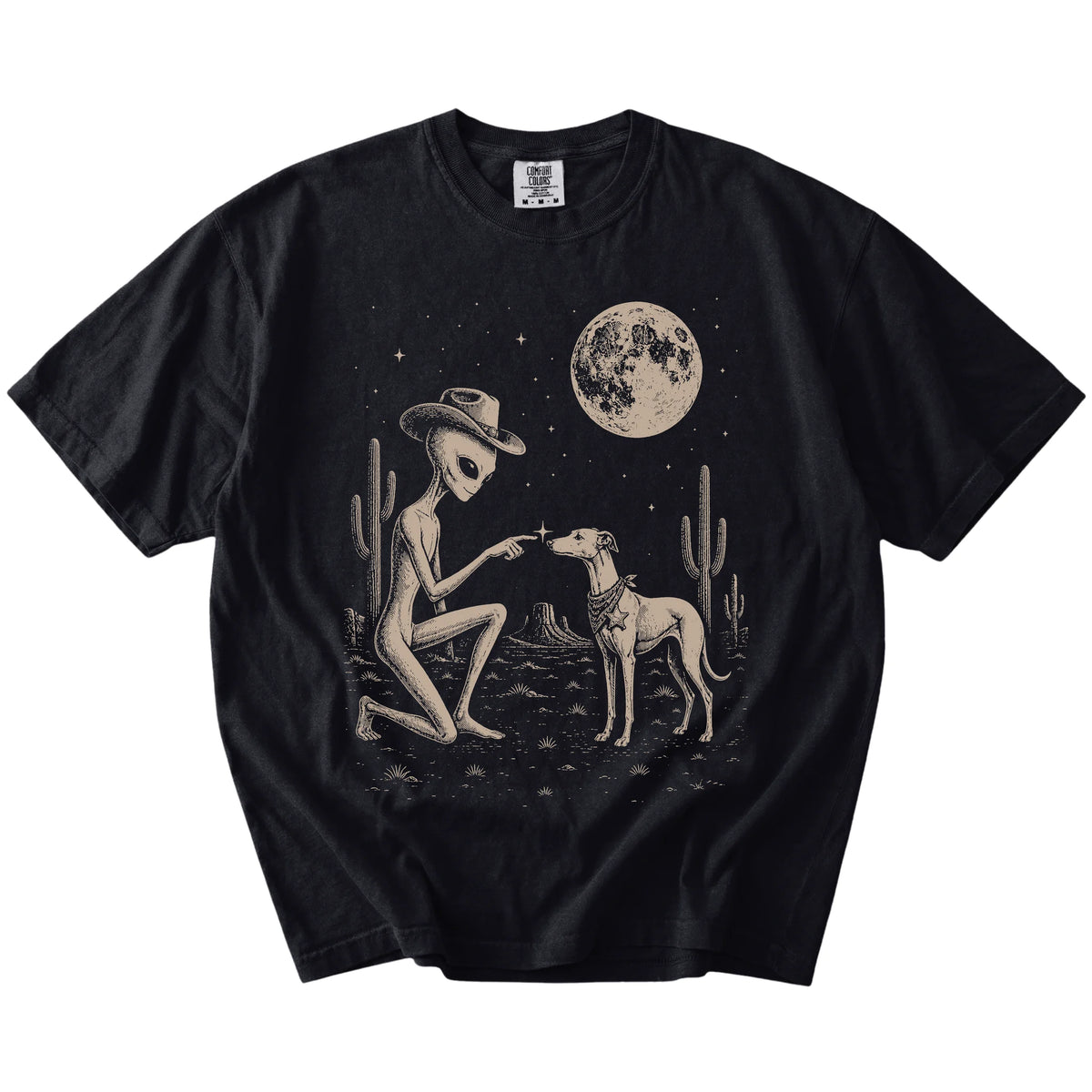 Cowboy alien fist-bumping a Whippet beneath the moon on a Black Comfort Colors® T-shirt