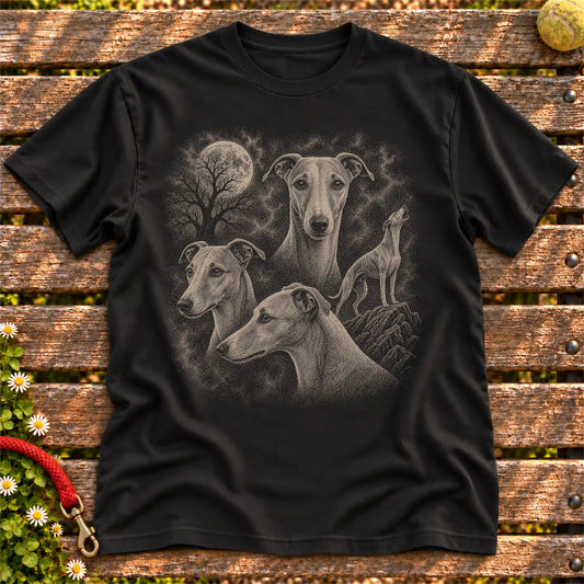 Whippet 90s Moon design on a Black T-shirt shown flat