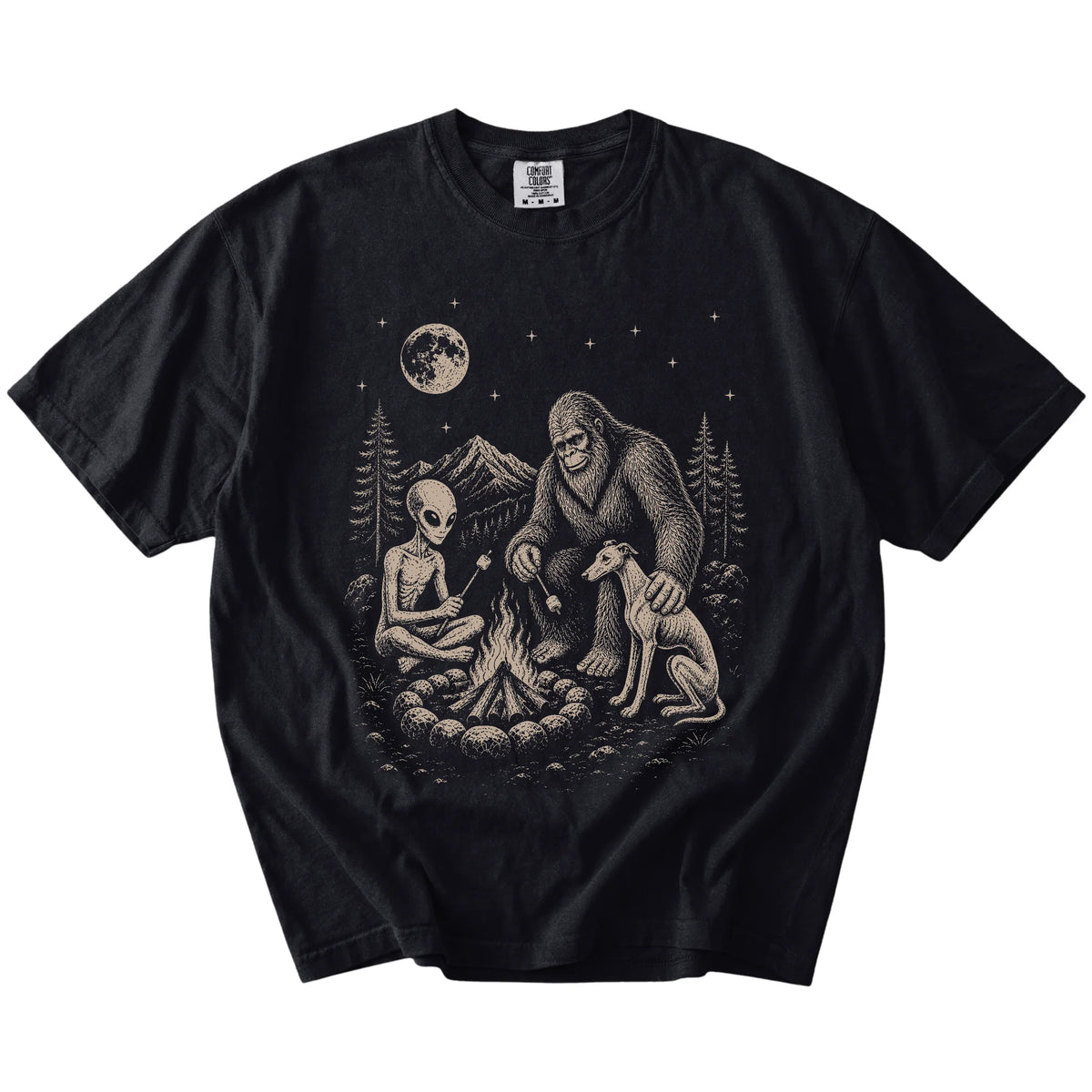 Whippet camping with Bigfoot and an alien on a Black Comfort Colors® T-shirt