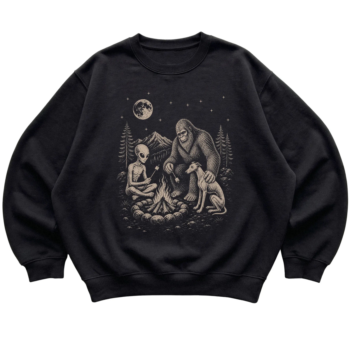 Black Whippet Camping with Bigfoot and Alien shirt laid flat