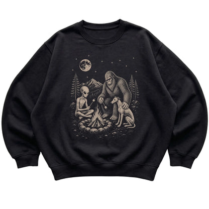Black Whippet Camping with Bigfoot and Alien shirt laid flat