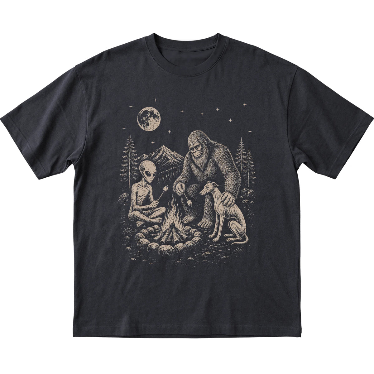 Black Whippet Camping with Bigfoot and Alien shirt laid flat