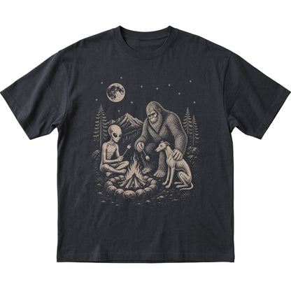 Black Whippet Camping with Bigfoot and Alien shirt laid flat