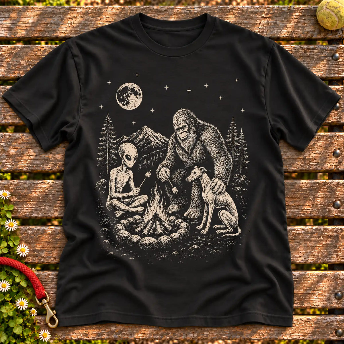 Whippet Camping with Bigfoot and Alien on a Black T-shirt, shown flat