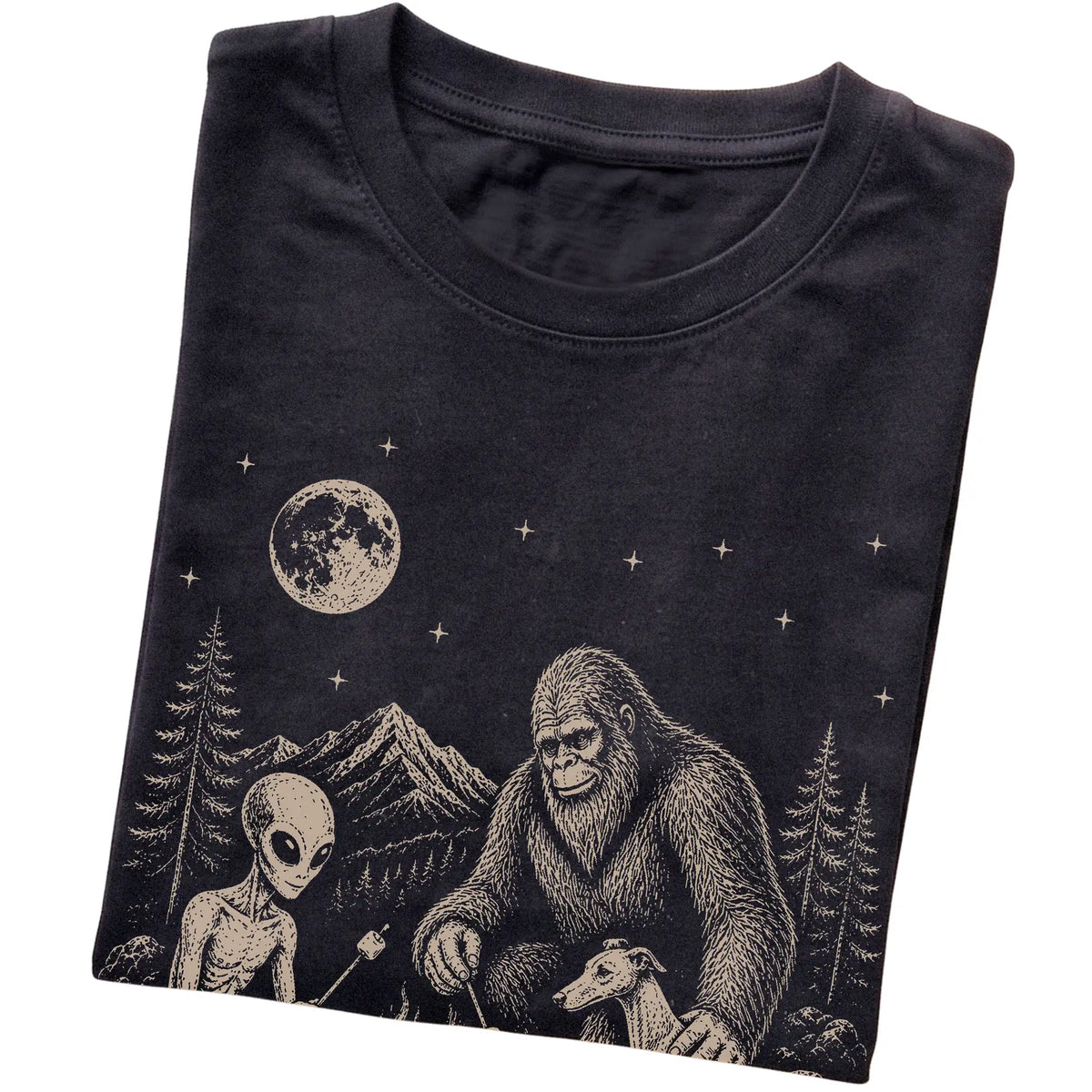 Black Whippet Camping with Bigfoot and Alien folded detail view