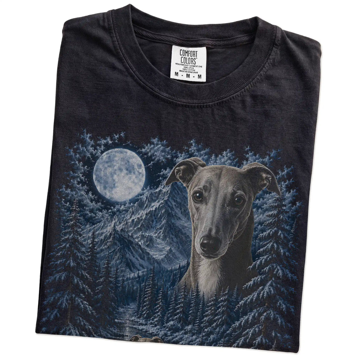 Folded Black Whippet winter forest t-shirt