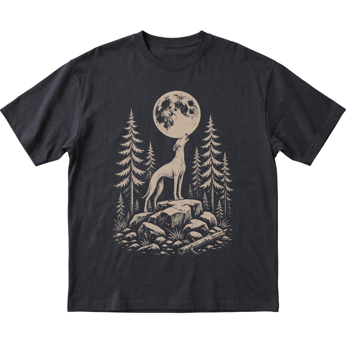 Close view of Whippet Howling at the Moon artwork on Black softstyle T-shirt