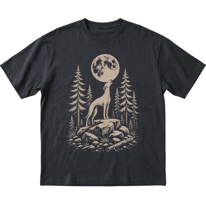 Close view of Whippet Howling at the Moon artwork on Black softstyle T-shirt
