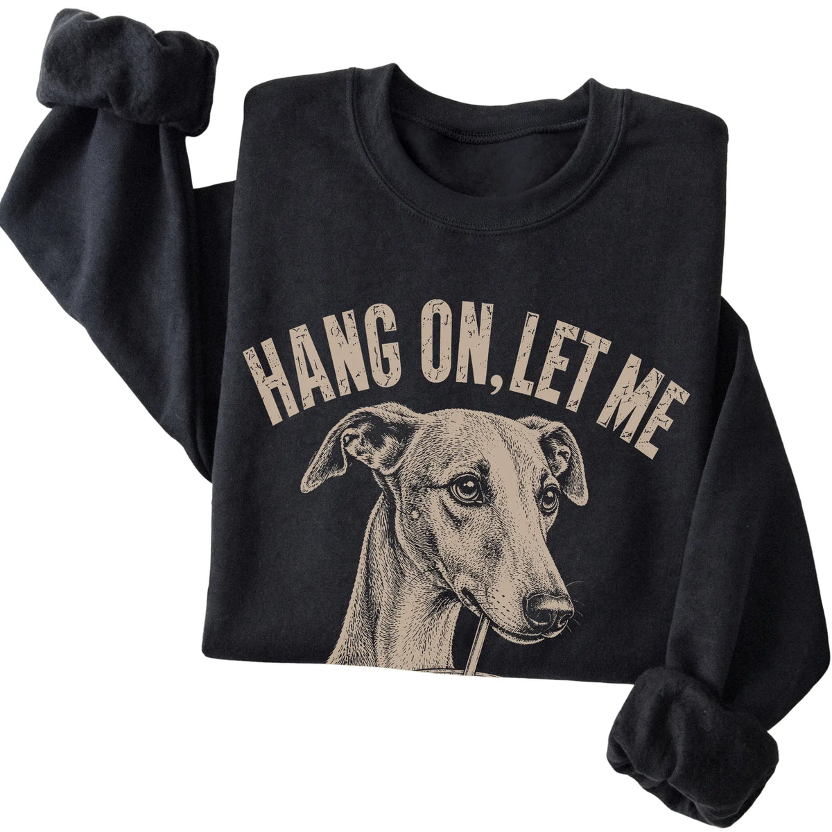 Black crewneck sweatshirt featuring Overthinking Whippet, folded presentation