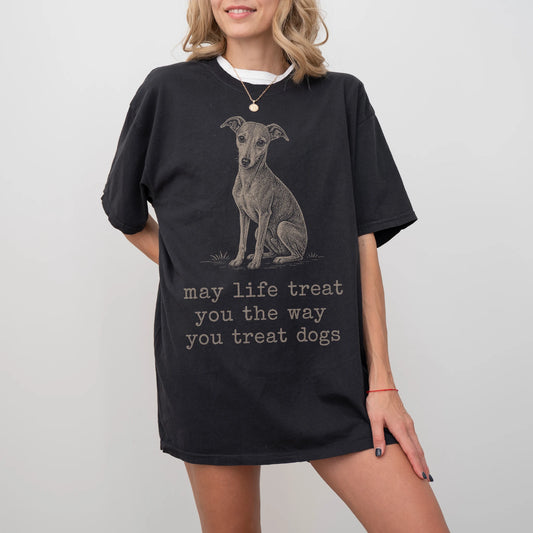Woman wearing a Black Whippet Karma T-Shirt