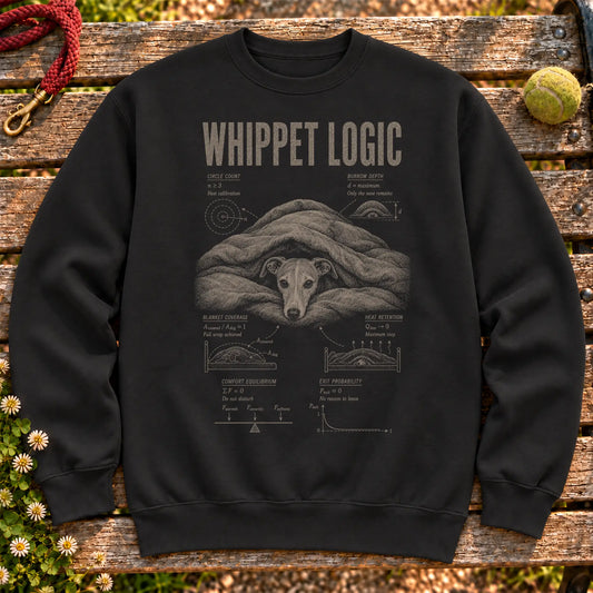 Whippet Logic on a Black crewneck sweatshirt, shown flat