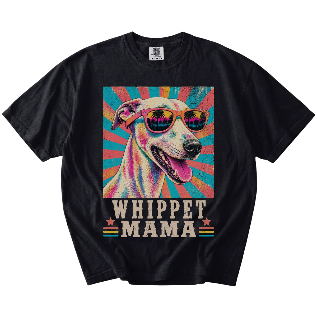 Retro Whippet Mama design on a Black Comfort Colors T-shirt
