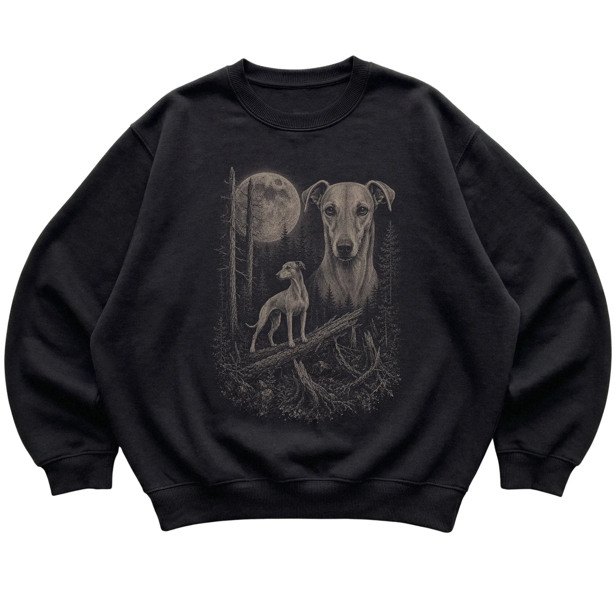 Whippet Moonlit Forest graphic on a black crewneck sweatshirt laid flat