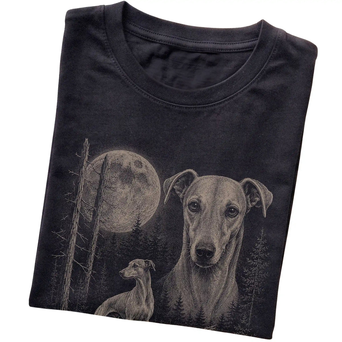 Folded black Softstyle T-shirt showing the Whippet Moonlit Forest graphic