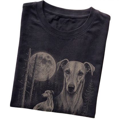 Folded black Softstyle T-shirt showing the Whippet Moonlit Forest graphic