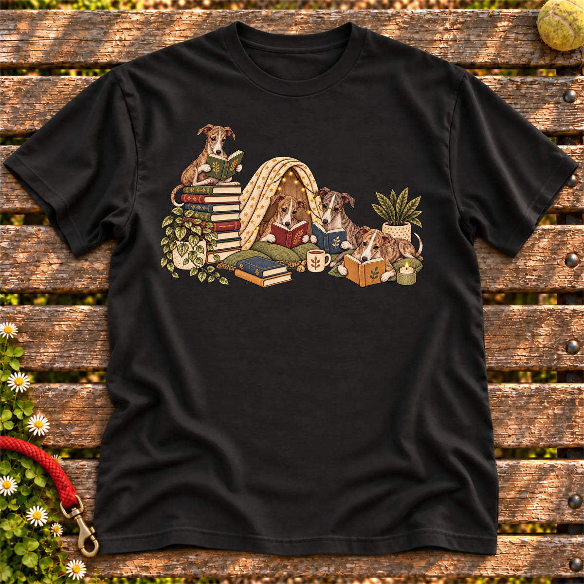 Whippet puppies reading books in a cozy blanket fort on a Black T-shirt