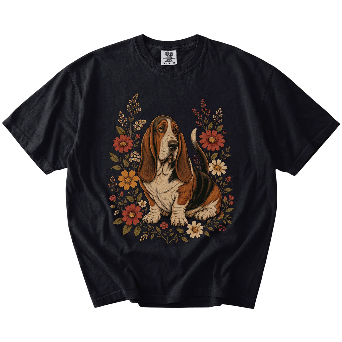 Basset Hound portrait surrounded by wildflowers beneath the moon on a Black Comfort Colors® T-shirt