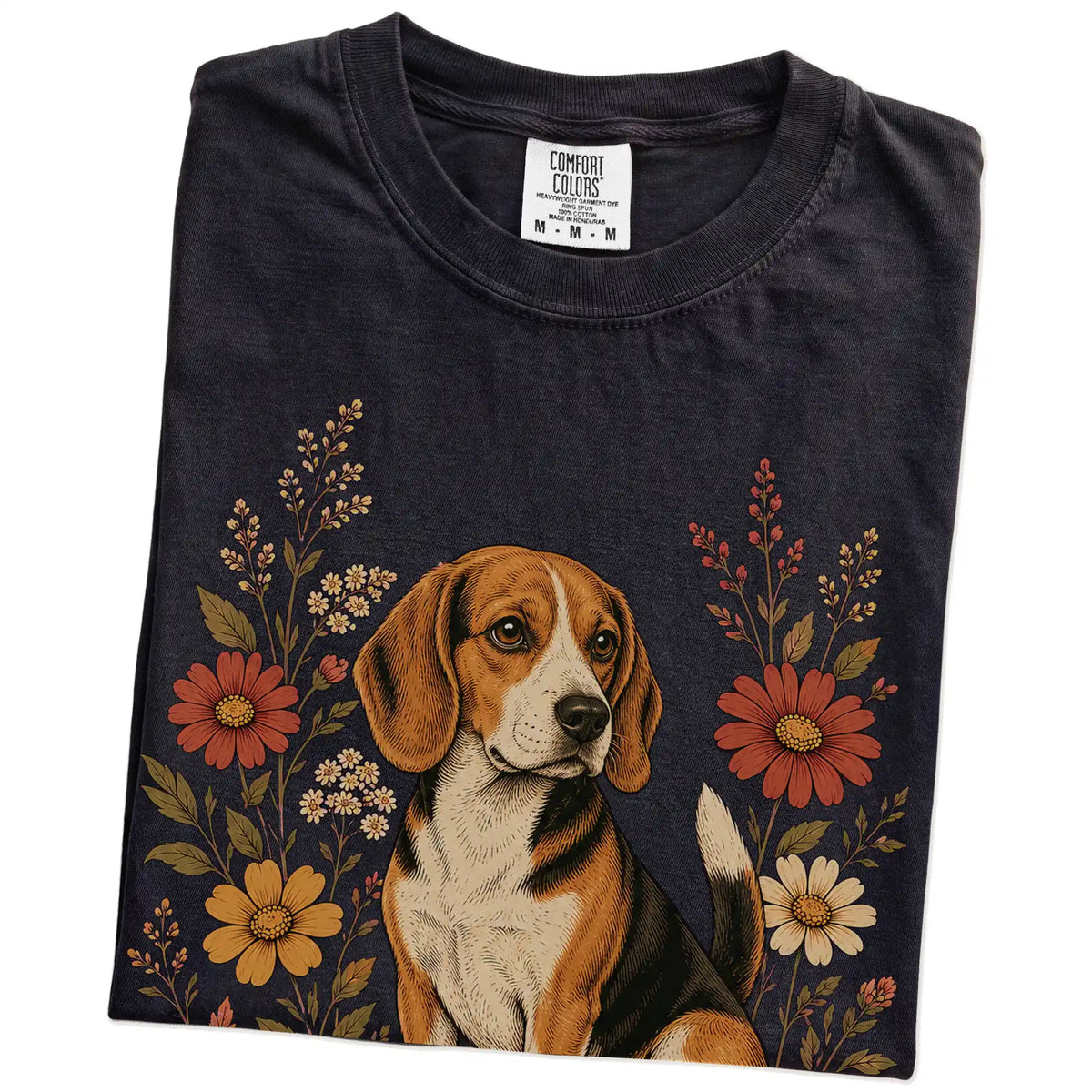 Folded Black Comfort Colors® T-shirt showing Beagle portrait surrounded by wildflowers beneath the moon