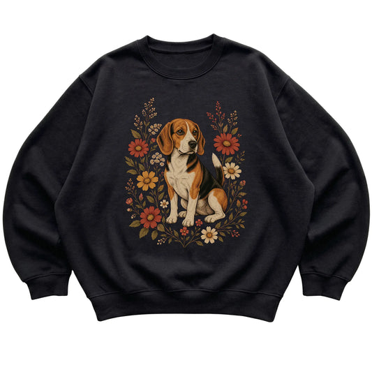 Black crewneck sweatshirt with Beagle portrait and wildflowers, flat lay