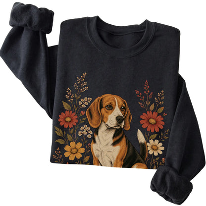 Black crewneck sweatshirt with Beagle portrait and wildflowers, folded view