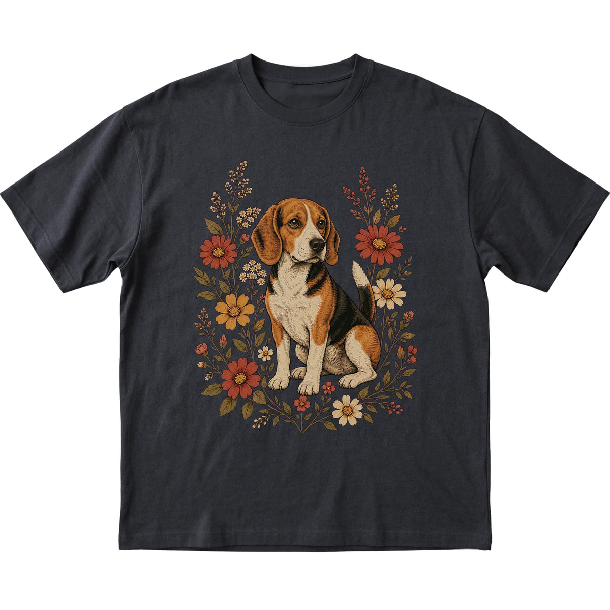 Black Softstyle T-shirt with Beagle portrait and wildflowers, flat lay