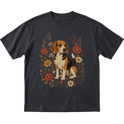 Black Softstyle T-shirt with Beagle portrait and wildflowers, flat lay