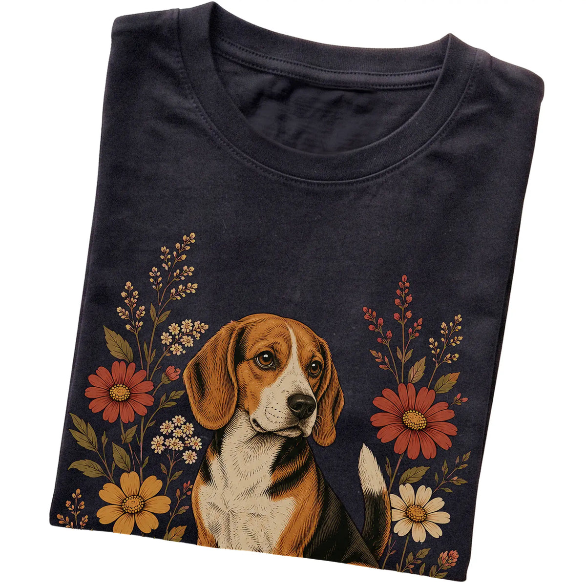 Black Softstyle T-shirt with Beagle portrait and wildflowers, folded view