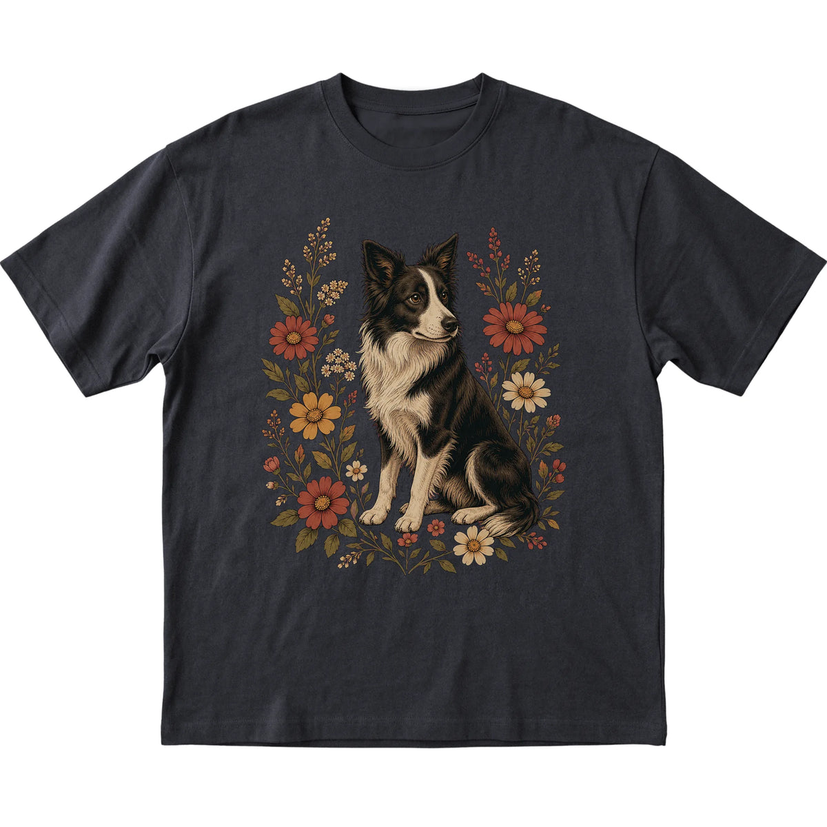 Black Softstyle T-shirt with Border Collie portrait and wildflowers, flat lay