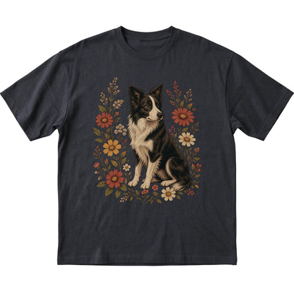 Black Softstyle T-shirt with Border Collie portrait and wildflowers, flat lay