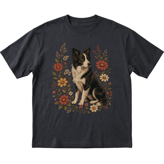 Black Softstyle T-shirt with Border Collie portrait and wildflowers, flat lay