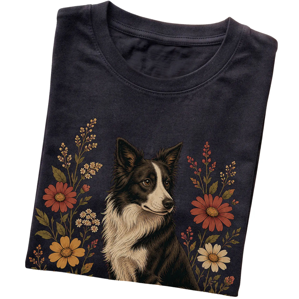 Black Softstyle T-shirt with Border Collie portrait and wildflowers, folded view