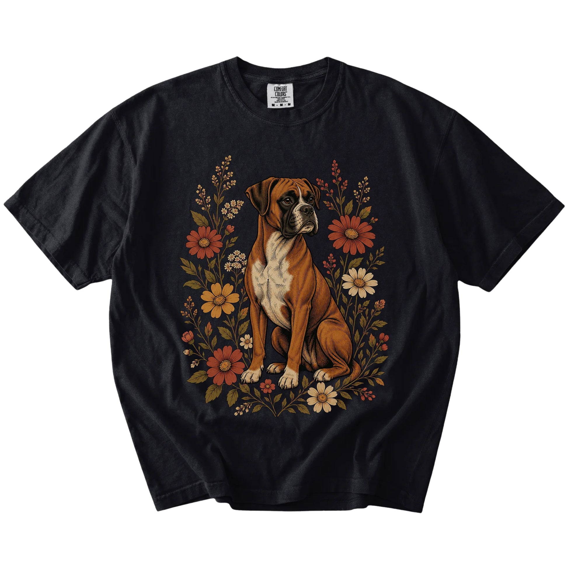 Boxer portrait surrounded by wildflowers beneath the moon on a Black Comfort Colors® T-shirt