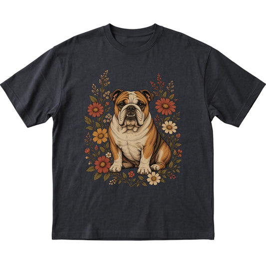 Black Softstyle T-shirt with Bulldog portrait and wildflowers, flat lay
