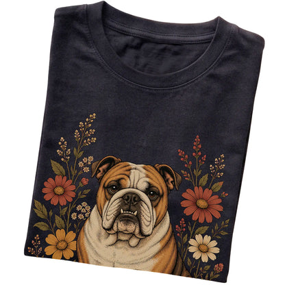 Black Softstyle T-shirt with Bulldog portrait and wildflowers, folded view