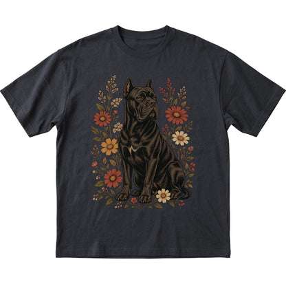 Black Softstyle T-shirt with Cane Corso portrait and wildflowers, flat lay