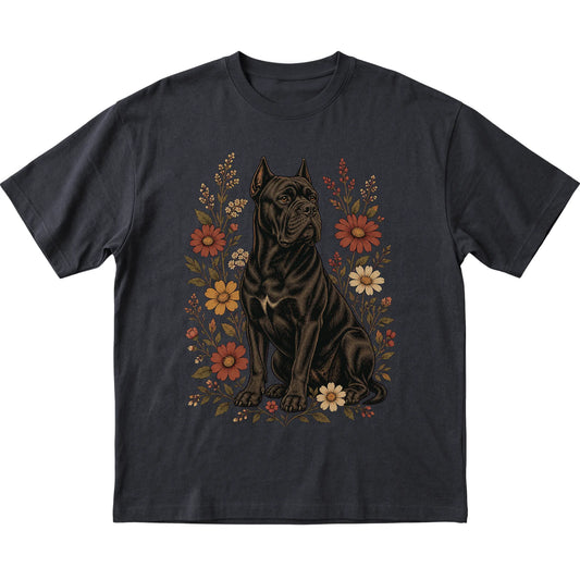Black Softstyle T-shirt with Cane Corso portrait and wildflowers, flat lay